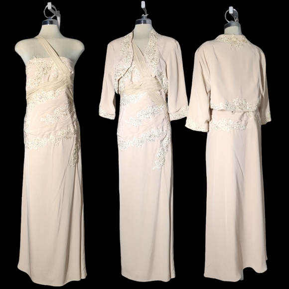 UNIQUE Couture Beige Embellished Two Pieces Formal Maxi Dress Size 16 - Picture 10 of 16